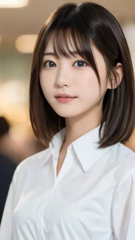  Best Quality , ( beautiful)、20 year old women、 young and cute girl、、 medium hair、薄い茶髪、brown eyes 、カメラ目線、、、white business shirt、女子高制服 、背景は部屋の中、upper body、 、