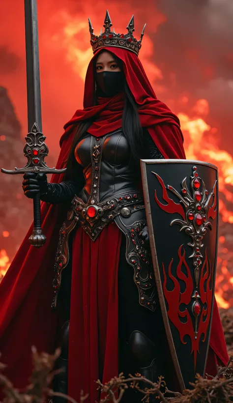 Deep hell、Burning Flames、Red Sky、Young and strong empress、Full body Milanese black metal armor、Armor decorated with sparkling red jewels、black hair、Black metal mask、Thick red veil,Hide neck with thick red scarf、Thick red flame patterned cloak、Black Metal G...