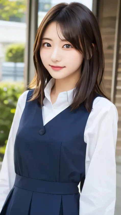  Best Quality , ( beautiful)、20 year old women、 young and cute girl、、 medium hair、薄い茶髪、brown eyes 、カメラ目線、、、white business shirt、女子高制服 、背景は部屋の中、upper body、 、