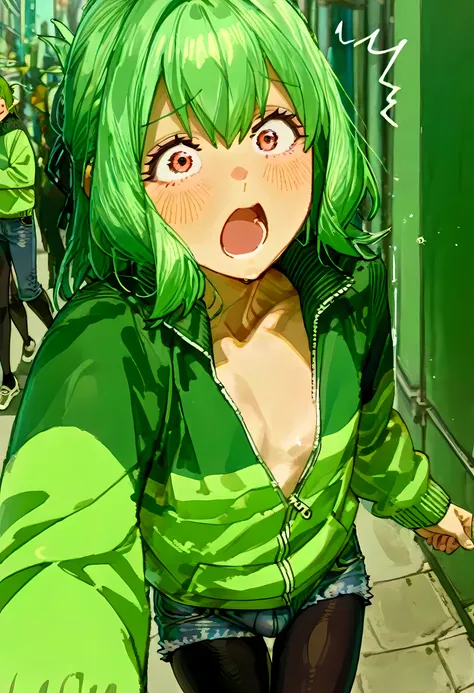 Otori tan、green hair、boy、Femboy,surprised faces、man's daughter、Anime Coloring、masterpiece、High Quality、high definition、   full body shot   、Correct finger、camel toe,    Tokyo   、Running in a hurry through the city、  green jersey、black pantyhose、denim short...