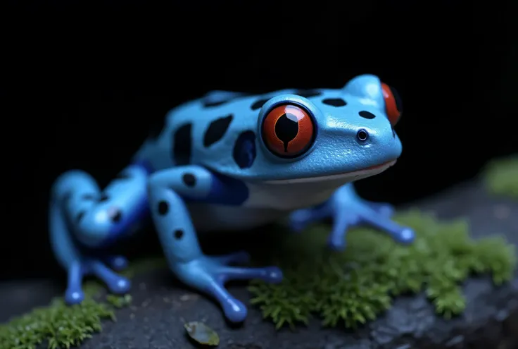 striking image teethfeatures a vibrant blue frog g, almost surreal in contrast to the almost shiny texture of the teeth, almost black background. frog skin teeth vivid in, It stays where it looks like sapphire blue。teethirty black spots on its back and lim...