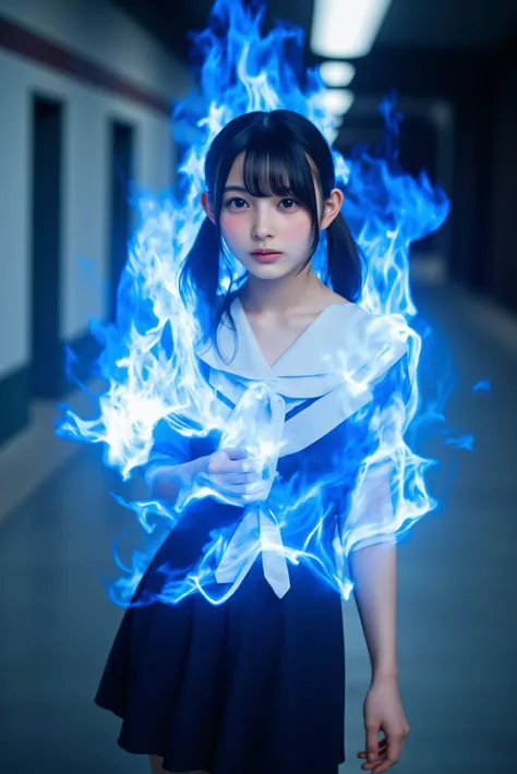 A woman wearing a sacred blue flame 18 years old intense flash face high school sailor suit ponytail