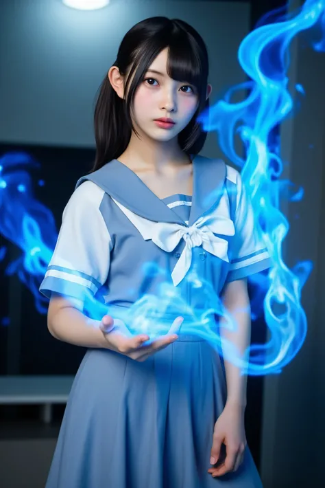 A woman wearing a sacred blue flame 18 years old intense flash face high school sailor suit ponytail