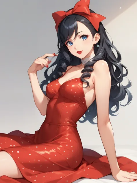 score_9, score_8_up, score_7_up, score_6_up, source_anime, tag1, tag 2, nsfw，curvy figure like a young  from a 1960s anime, skinny，Petite， shape，Vintage red dress with ruffles、white polka dot 、 blue eyes, black hair with red bows, long vintage curly hair, ...