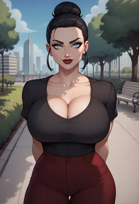 (Perfect Face, Perfect Body), Black Hair, (Top Knot Hair Bun), (Forehead), Black Thin Eyebrows, Light Blue Eyes, Nose, Lips, Dark Red Lips, Big Smile, Collarbone, (Huge Breasts, Perfect Breasts), (Black Stripled Sleeved Shirt), Arms Behind Back, (Looking A...