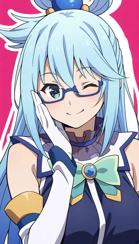 Give your images flat even illumination (negative) or dramatic chiaroscuro lighting (positive).1girl, solo, aqua_(konosuba), one_eye_closed, long_hair, glasses, blue_eyes, gloves, blue_hair, smile, blue-framed_eyewear, bespectacled, looking_at_viewer, pink...