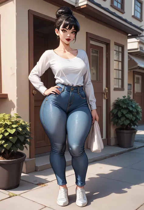 perfect body, black hair, top knot hair bun, black thin eyebrows, dark brown eyes, nose, lips, red lips, collarbone, medium breasts, (white long sleeve shirt), hand on hip, standing, (thick thighs:1.3), (Prettylittlething Plus Vintage Wash Disco Skinny Jea...