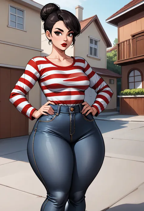 perfect body, black hair, top knot hair bun, black thin eyebrows, dark brown eyes, nose, lips, red lips, collarbone, medium breasts, (striped long sleeve shirt), hand on hip, standing, (thick thighs:1.3), (prettylittlething plus vintage wash disco skinny j...