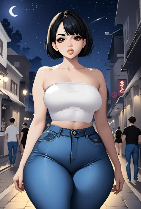 perfect body, black hair, short hair, black thin eyebrows, brown eyes, black eyelashes, black eyeliners, nose, thick lips, collarbone, medium breasts, (white off-shoulder long sleeve shirt), (blue denim jeans, short jeans), (thick thighs:1.3), (standing), ...