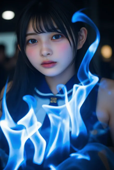 A woman wearing a sacred blue flame 18 years old intense flash face high school sailor uniform ponytail naked nude