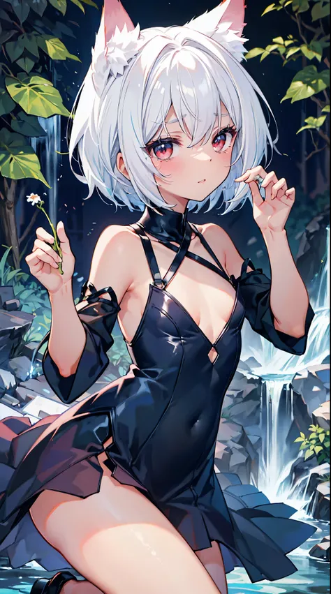  top grade 、white hair、short hair,red eyes、Beautiful Girl、Petite、Cat ears,flat chested,naked,Night Forest,waterfall,watery eyes,crying face,ivy