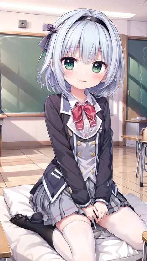 school uniformasumi-default , school uniforms , green eyes , blue hair , Hairband , school uniforms , shirt , pleated skirt , Frill Skirt , black tights , Sitting , Smile , fork_leg , interior , Living_ room , 大leg , Smile , cute_ Smile，masturbation
pillow...