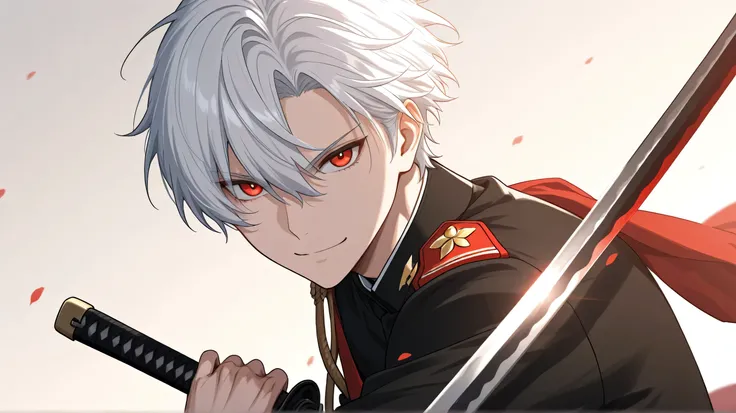 men white short hair red eyes military cloothes happy face  have katana