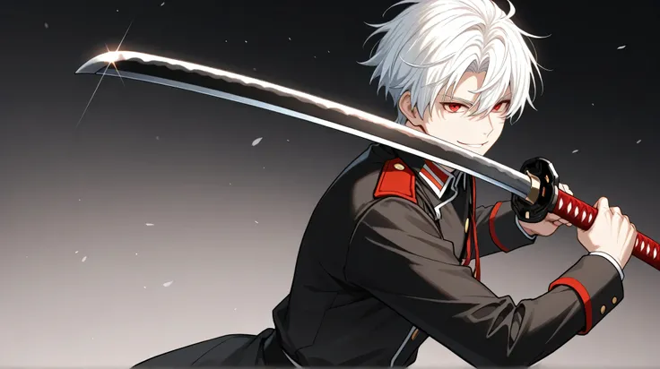 men white short hair red eyes military cloothes happy face  have katana