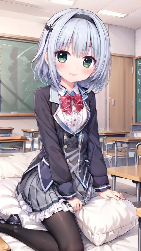 school uniformasumi-default , school uniforms , green eyes , blue hair , Hairband , school uniforms , shirt , pleated skirt , Frill Skirt , black tights , Sitting , Smile , fork_leg , interior , Living_ room , 大leg , Smile , cute_ Smile，masturbation
pillow...
