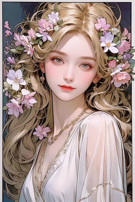 (Oil painting of a young, beautiful woman), striking portrait, (calm, gentle, girlish smile), ((almost straight, medium-length blonde silver-gray hair)), (Close-up), glossy lips, (simple, urban, sharp shirt in soft colors), (slim figure), small necklace, f...
