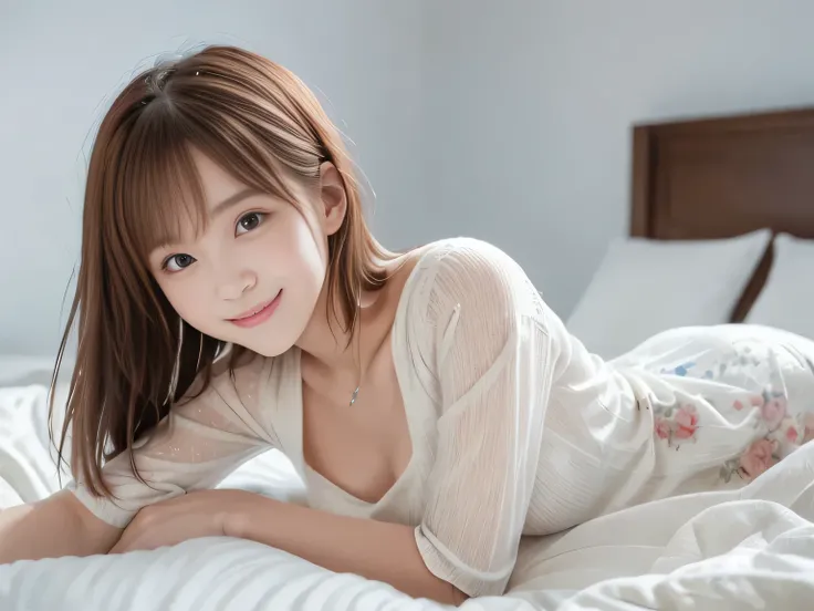 (( 1 European woman )), (tween model, , young)),( brown short short hair), Beautiful Like a Fairy, 魅惑的な緊張したsmile, symbol body, exposed chest, naked, Soft light, lies in the bed, full body image, masterpiece, 最High Quality, photorealistic, 8k, high definit...