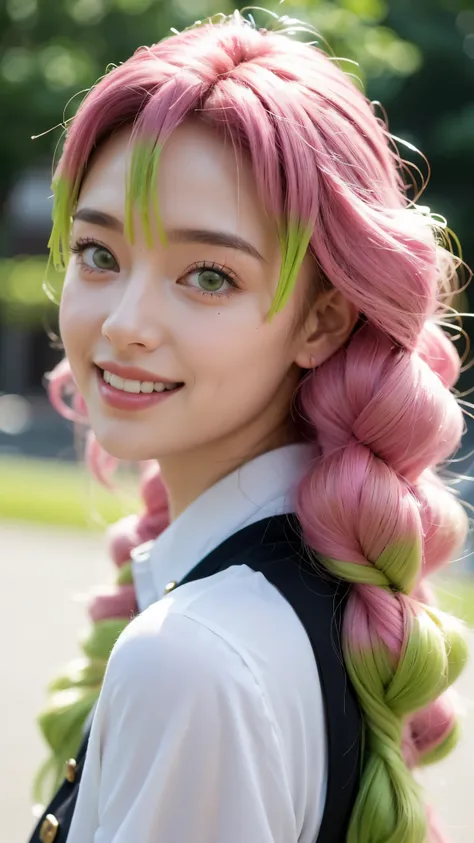 A hyper-realistic portrait of a beautiful young woman inspired by Kanroji Mitsuri from Demon Slayer, depicted as if she existed in the real world. She has long, flowing pastel pink and lime green hair styled in thick braids, large bright green eyes full of...