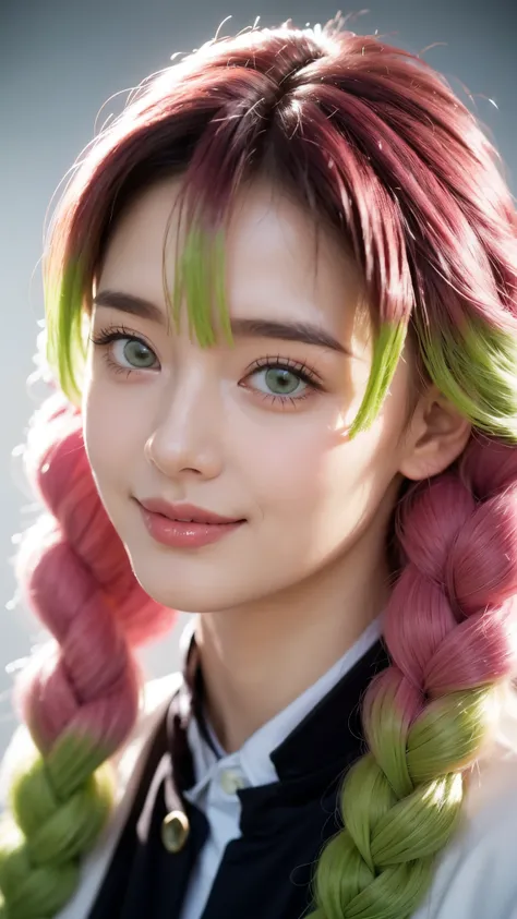 A hyper-realistic portrait of a beautiful young woman inspired by Kanroji Mitsuri from Demon Slayer, depicted as if she existed in the real world. She has long, flowing pastel pink and lime green hair styled in thick braids, large bright green eyes full of...