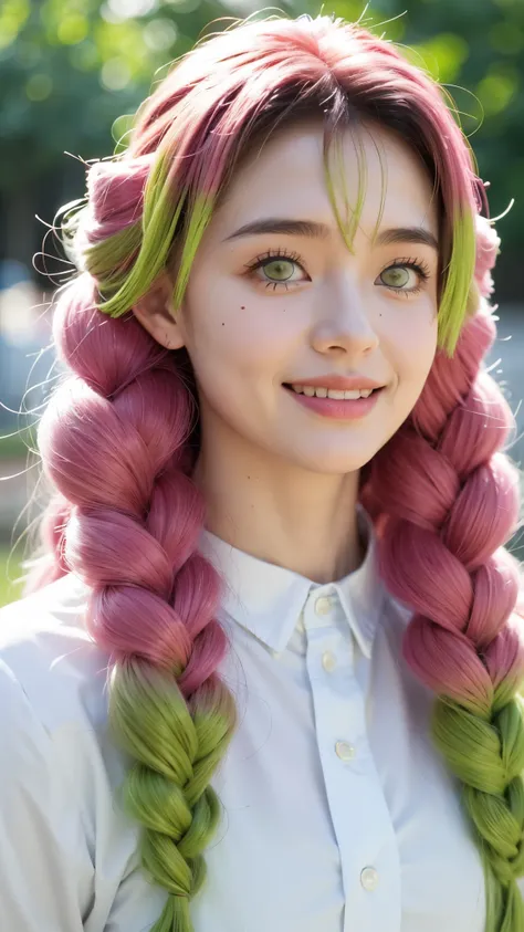 A hyper-realistic portrait of a beautiful young woman inspired by Kanroji Mitsuri from Demon Slayer, depicted as if she existed in the real world. She has long, flowing pastel pink and lime green hair styled in thick braids, large bright green eyes full of...