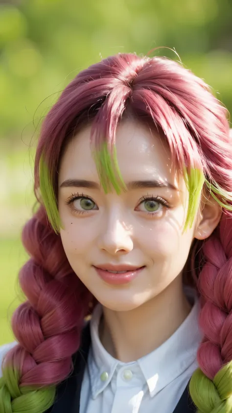 A hyper-realistic portrait of a beautiful young woman inspired by Kanroji Mitsuri from Demon Slayer, depicted as if she existed in the real world. She has long, flowing pastel pink and lime green hair styled in thick braids, large bright green eyes full of...