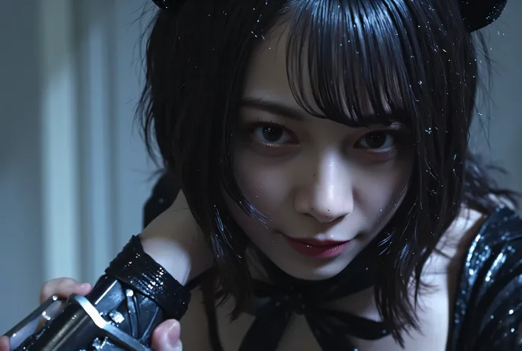 (((dark spaceship Nostromo with a billiard cue style sword:2.0))),(((HR Gigger-style cyberpunk atmosphere:2.0))),(((Bunny Girl:2.0))),standing,((full body:2.0)),One woman,(cute face),(Beautiful well-balanced face ),((long hair with bangs:2.0)),(Wavy Black ...