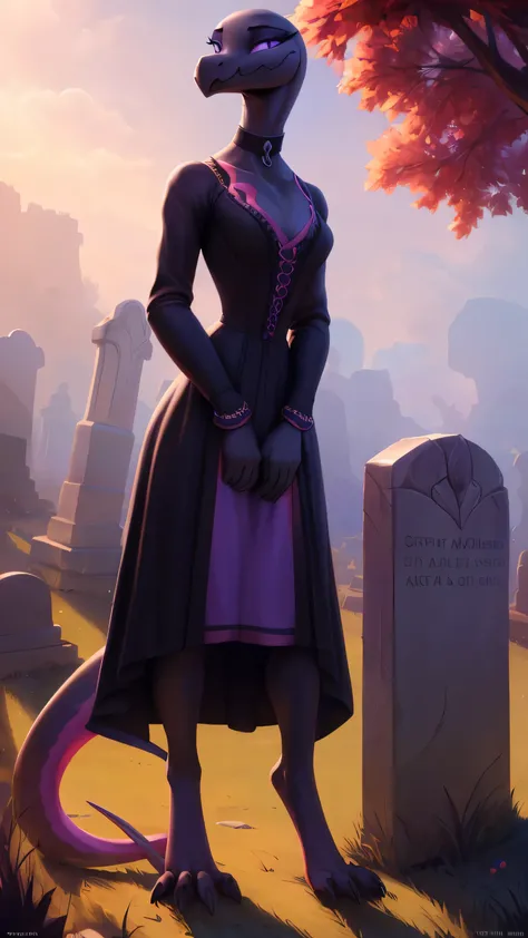 uploaded on e621, ((Salazzle)) by Pixelsketcher, by Bayard Wu, by Thomas Benjamin Kennington , by Einshelm, anthro, ((full body focus)), BREAK, ((dress:1.2)),wearing black victorian dress, long flowing dress, long sleeve victorian dress, dress flowing down...