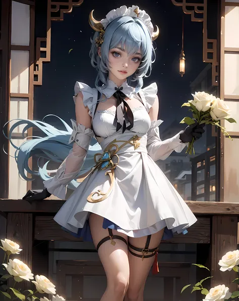1girl, light blue hair, red horns, harness, white and blue dress, chinese maid design, solo, white roses, symmetrical gloves, high socks, puffed socks, harness, tassel, chinese maid dress, v neckline, garter on the legs, standing up, white apron, maid dres...
