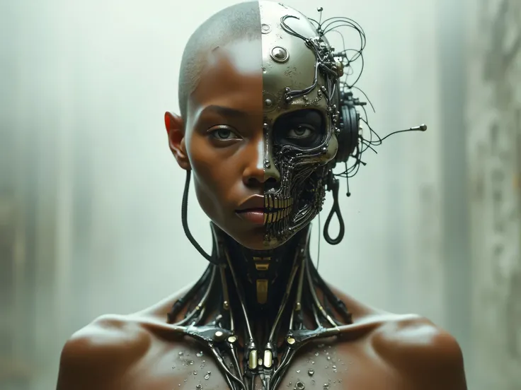 a man with light brown skin with the right side of the human body and the left side of the robot