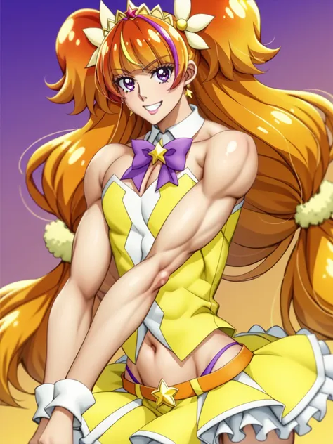 score 9 、score 8 up、score 7 up、source anime、傑作、最高品質、高解像度、anime coloring、1boy、cure twinkle、(male:1.6)、long hair is wearing a yellow mini dress、solo、長髪、orange hair、brown hair、low tied long hair、multicolored hair、two tone hair、gradient hair、streaked hair、blun...