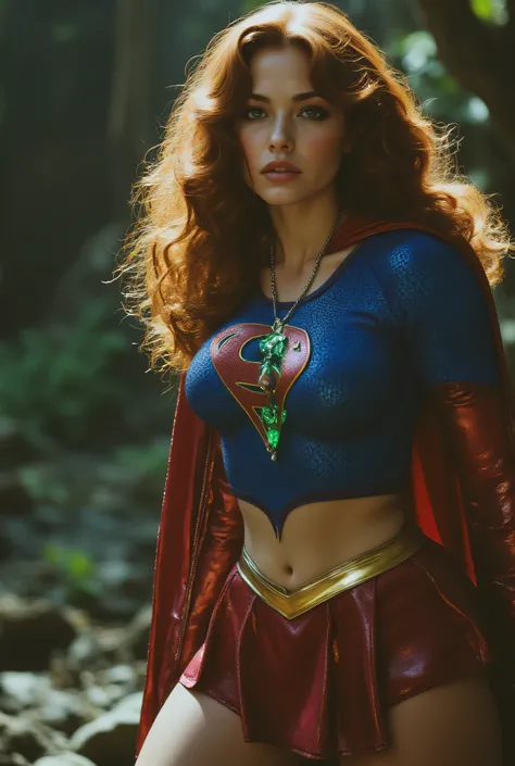 "PHOTO REALISTIC portrait of a stunning, curvy JAPANESE woman wearing the iconic 1984 Supergirl crop top costume: deep royal blue textured spandex top with a polished gold-and-red 'S' emblem, short pleated red skirt, gold belt, tall glossy red boots, and a...