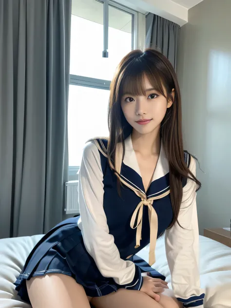Korean idol relaxing on the bed, (detailed facial features, perfect face), model-like appearance, soft and feminine, (wearing a School Uniform, sailor suit), (traditional Japanese style with navy blue and white colors), (ribbon and pleated skirt), (uneven ...