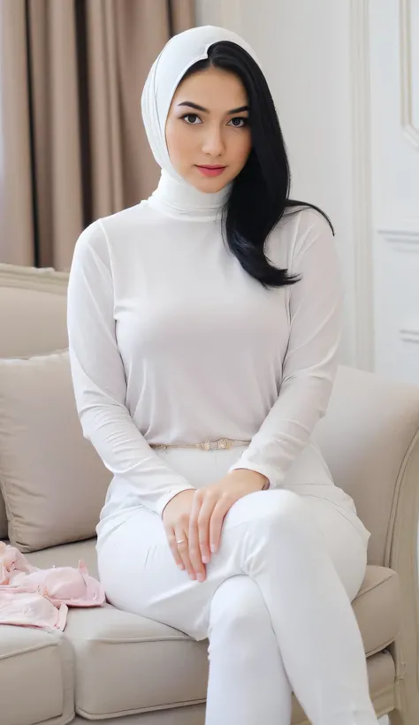 a woman, sitting strapping on the living room sofa, shirt looks full body, body facing front, eyes looking at camera , wearing transparent white slimfit long sleeve t-shirt, underwearless, long leggings in white, White hijab, big size G-cup, thick red lip...