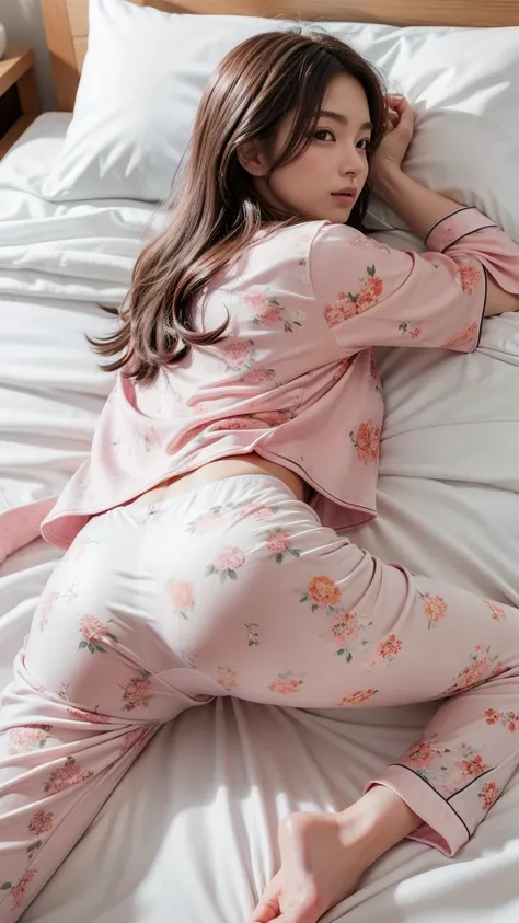 ((masterpiece, Highest Quality, high definition, very detailed CG integrated 8K wallpaper)), Beautiful Japanese Women, beautiful Japanese girl, lying in bed, (Lies on White Sheets, Wear an oversized shirt and pink floral pajama pants:1.5), , Moonlight, Nig...