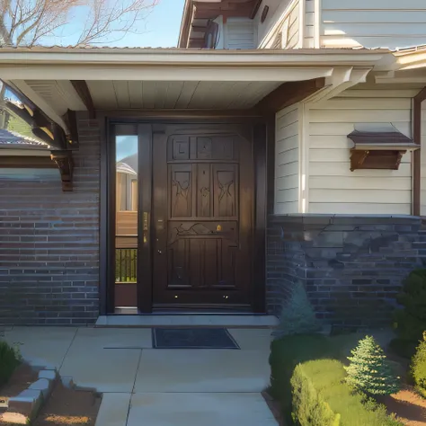 a close up of a door on a house with a brick wall, tall entry, tall door, dramatic entry, wood door, front symetrical, front view dramatic, 3 doors, meticulous detail, masterpiece!!, extremely intricate, hone finished, leaning on door, pristine and clean d...