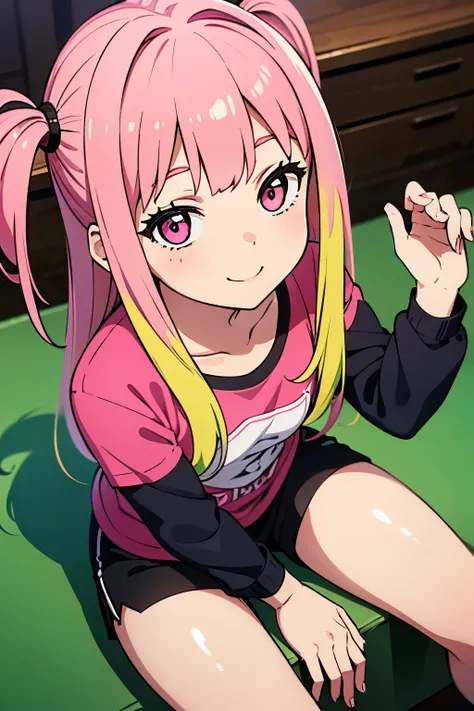  young girl, 12 anos,  long hair, loose and multicolored, black hair and pink hair, wearing a black long sleeve t-shirt and black shorts,  smiling discreetly. best quality, hd, obra-prima, detalhado, seen from above