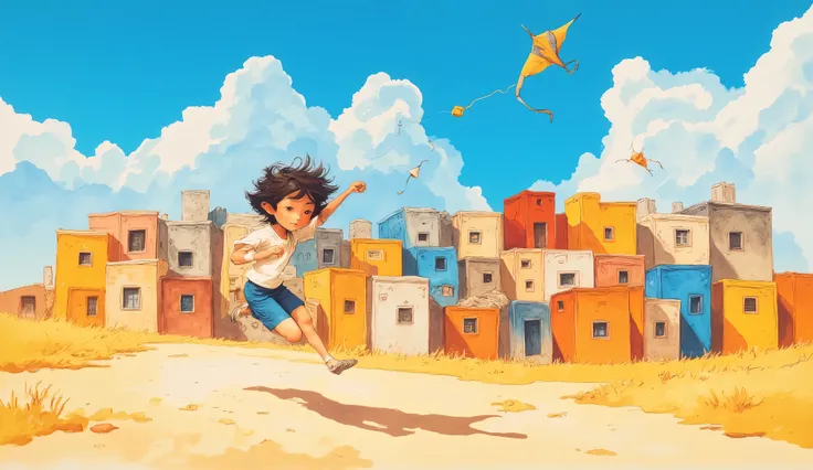 Barefoot Brazilian boy with tousled hair running on dirt ground, flying a vibrant kite, wearing simple shorts and t-shirt, rectangular colorful favela houses stacked on hillside in background, geometric simplified architecture, bright sunlight, clear blue ...