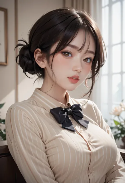 perfect face, bun top knot hair, black hair, black thin eyebrows, brown eyes, black eyeliners, blush, lips, parted lips, beautiful woman, (beige striped fitted shirt), medium breasts, looking at viewer