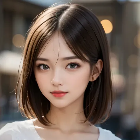 (masterpiece), highly realistic, intricate textures, super-resolution, hyper-realistic, high contrast, Portrait of a cute girl, looking at viewer, Focus on the Face, (Glowing Eyes), Glossy lips, rouge lip, make-up, blush cheek, smile, baby face, short hair...