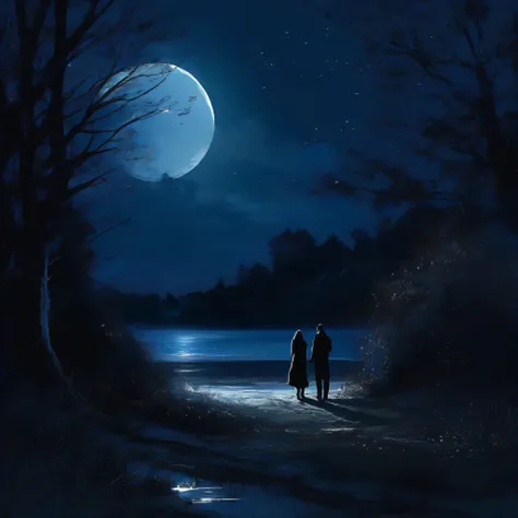 night, dark, sad, a person recalls memories with his partner. The situation is very dark and dark. There is only a moonlight, asbtract