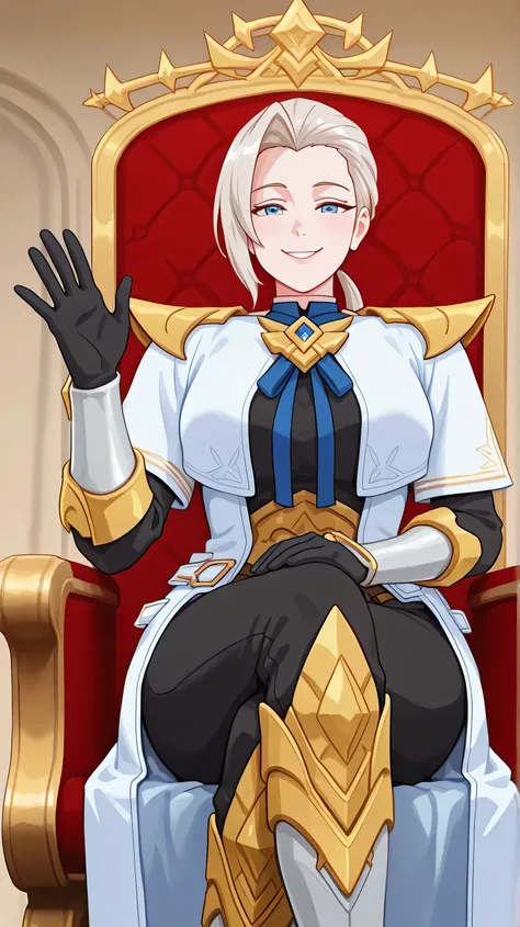 Silvanna base,a mature woman,blue eyes,light blond hair,long haircut,low ponytail,side bangs,Long white gabardine coat with gold details,golden shoulder pads decorated with sharp tips,black shirt,blue bow, open coat,Gloves, black sleeves with gold trim,tig...