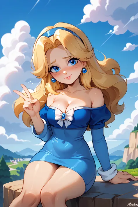 masterpiece, best quality, ultra detailed, Maria Robotnik, \(Sonic the hedgehog\), 1 girl, kawaii girl, solo, blonde, shy, blush, short blue dress, thick thighs, UwU, show V sign, looking at the viewer, cleavage, on the cliff, clouds in the background