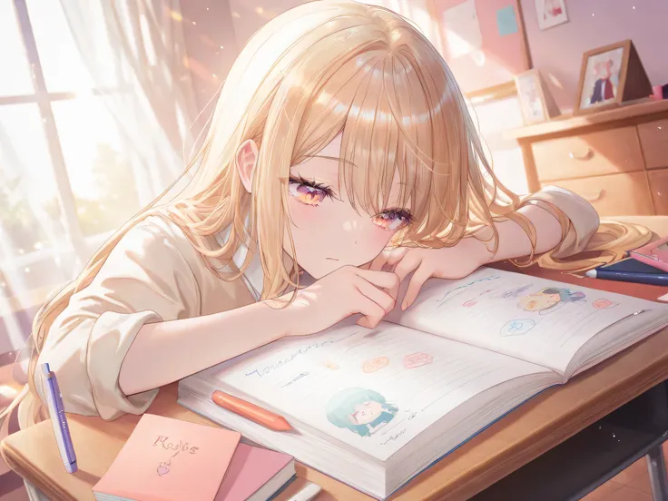 Pretty Girl Designing a Poetry Book Layout on Her Desk、long hair、kind expression、Room with Warm Light Shining In、Notebooks and pens、Desk with Poetry Manuscripts Scattered、Artistic Composition、soft pastel colors