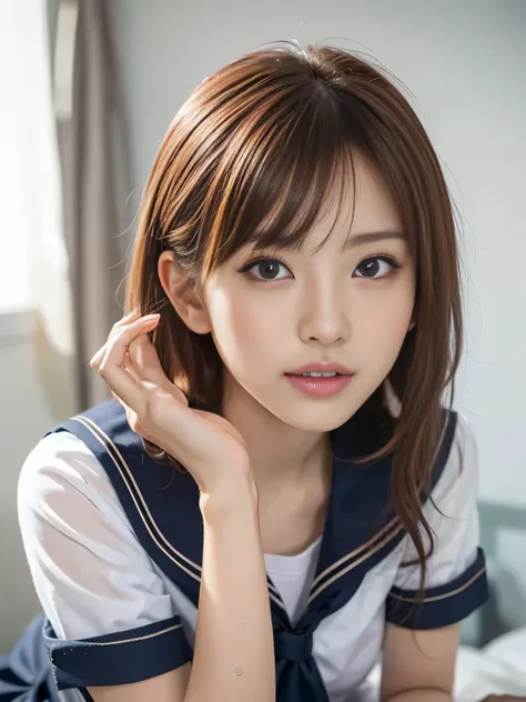 Japanese idol relaxing on the bed, (detailed facial features, perfect face), model-like appearance, soft and feminine, (wearing a School Uniform, sailor suit), (traditional Japanese style with navy blue and white colors), (ribbon and pleated skirt), (uneve...