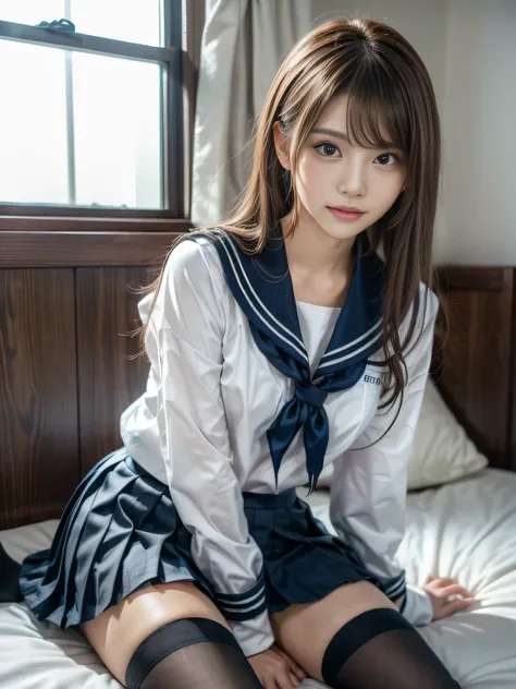 Japanese idol relaxing on the bed, (detailed facial features, perfect face), model-like appearance, soft and feminine, (wearing a School Uniform, sailor suit), (traditional Japanese style with navy blue and white colors), (ribbon and pleated skirt), (uneve...