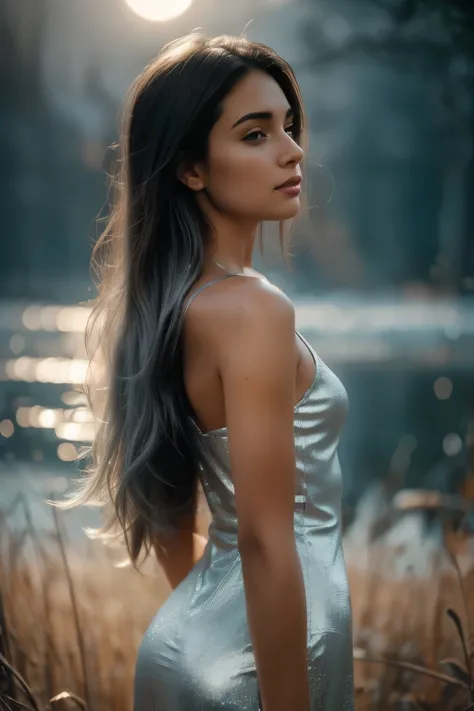 21-year-old hyper-feminine digital woman, long dark hair, standing with her back to the viewer or in a soft side profile, silver futuristic dress with flowing elements, ambient moonlight glow, dreamy soft focus, surrounded by minimal light particles or mis...