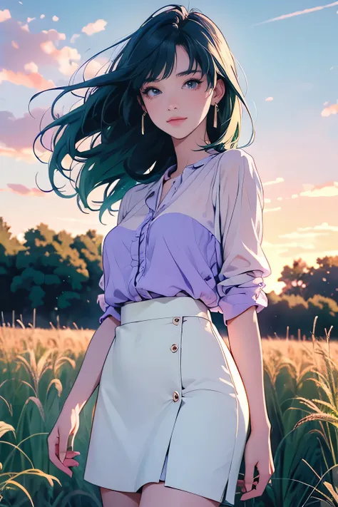 anime、HD images、high definition、Woman looking towards you、Dusk Scene、kind expression、green hair、Purple Eyes、Legs Wide Open、Beautiful Dusk、((rye field))、White transparent blouse、White Short Tight Skirt、夕暮れのrye field、Strong winds、