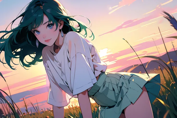 anime、HD images、high definition、Woman looking towards you、Dusk Scene、kind expression、green hair、Purple Eyes、Legs Wide Open、Beautiful Dusk、((rye field))、White transparent blouse、White Short Tight Skirt、夕暮れのrye field、Strong winds、