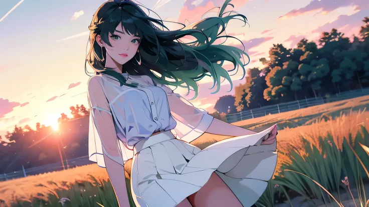 、HD images、high definition、Woman looking towards you、Dusk Scene、kind expression、green hair、Purple Eyes、Legs Wide Open、Beautiful Dusk、((rye field))、White transparent blouse、White Short Tight Skirt、夕暮れのrye field、Strong winds、