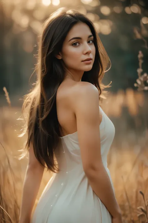 21-year-old digital woman, long dark hair softly falling over one shoulder, standing in a graceful side pose, body gently turned away, looking downward or softly to the side, wearing a flowing ivory or light gray dress with delicate folds, natural body pro...